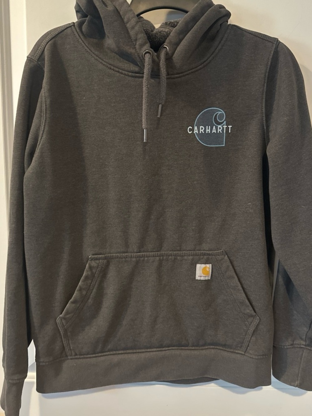 Carhartt Men’s Dark Charcoal Gray Crewneck Hoodie with Light Blue Logo